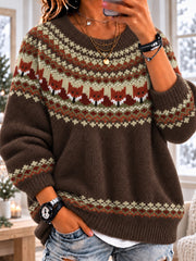 Women's Rustic Fair Isle Fox  Long Sleeve Crewneck Sweater