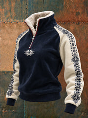 Women's Nordic Norway Art Printed Zip-Up Fur Collar Top