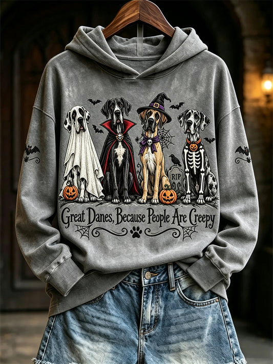 Women's Great Danes Because People Are Creepy Halloween Dogs Print Hoodie
