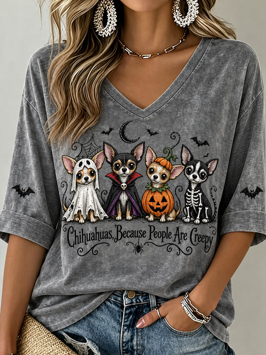 Women's Halloween Costume Dog Pattern Design Casual Mid-Length Sleeves V-Neck T-Shirt