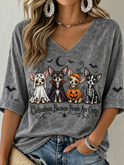 Women's Halloween Costume Dog Pattern Design Casual Mid-Length Sleeves V-Neck T-Shirt