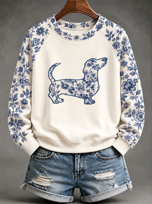 Women's Dachshund Chinese-style floral print sweatshirt