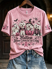 Women's Maltese Because Cancers Are Creepy Halloween Pink Dogs Print short-sleeved T-shirt