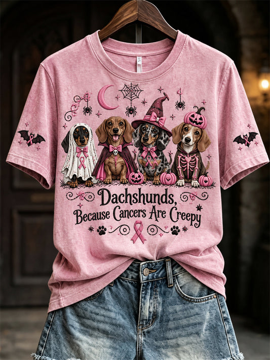 Women's Dachshunds Because Cancers Are Creepy Halloween Pink Dogs Print short-sleeved T-shirt