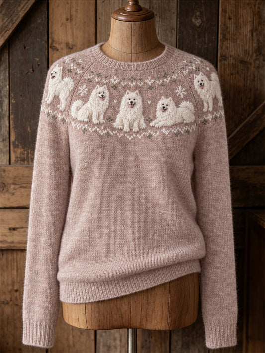 Women's Vintage Samoyed Dogs Yoke Isle Print crew neck sweater