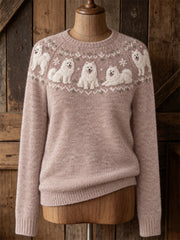 Women's Vintage Samoyed Dogs Yoke Isle Print crew neck sweater