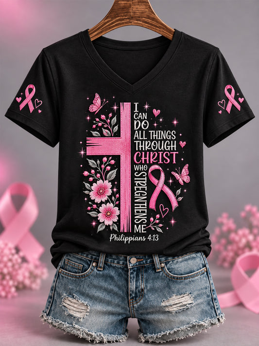 Women's Pink Ribbon Cross Faith Print Breast Cancer Awareness Support V-Neck Tee