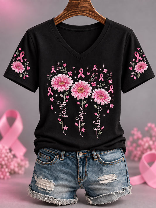 Women's Pink Ribbon Faith Hope Blieve Sunflowers Print Breast Cancer Awareness Support V-Neck Tee