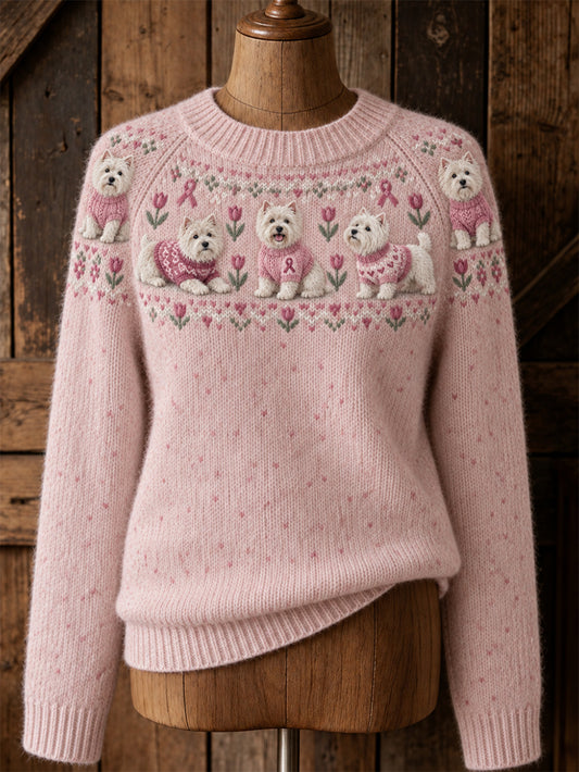 Women's Dog Pattern and Pink Charity Ribbon Design Casual Raglan Sleeve Sweater