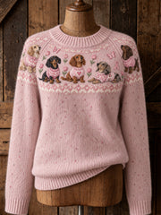 Women's Dog Pattern and Pink Charity Ribbon Design Casual Raglan Sleeve Sweater