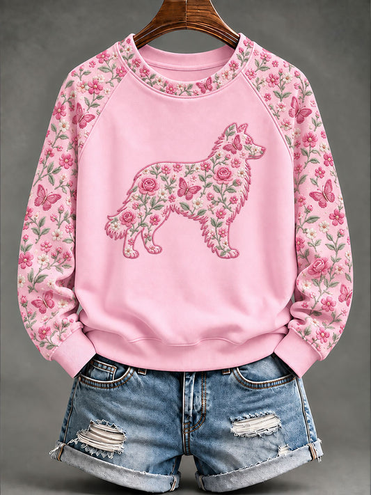 Women's Breast Cancer Sheepdog Floral Print Casual Sweatshirt