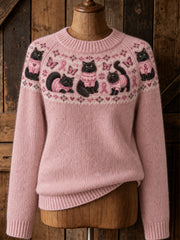 Women's Cat Pattern and Pink Charity Ribbon Design Casual Raglan Sleeve Sweater
