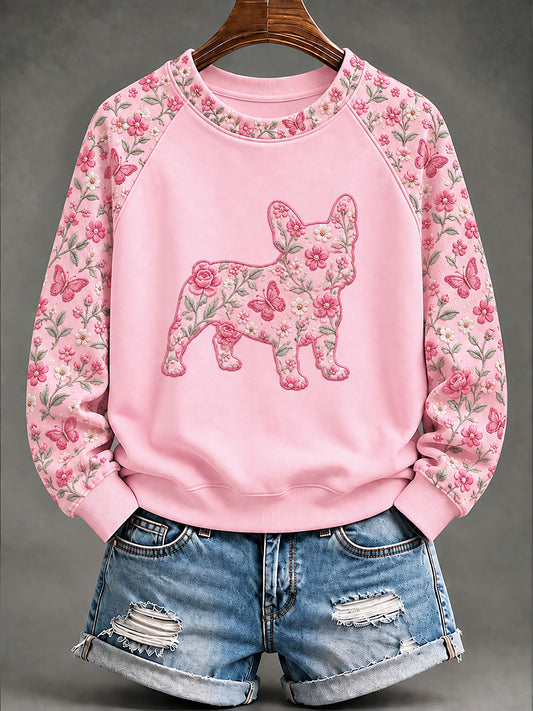 Women's Breast Cancer French Bulldog Floral Print Casual Sweatshirt