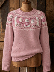 Women's Cat Pattern and Pink Charity Ribbon Design Casual Raglan Sleeve Sweater