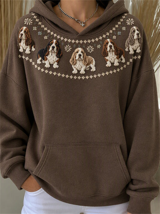 Women's Basset Hound Dogs Yoke Isle Print Cozy Hoodie