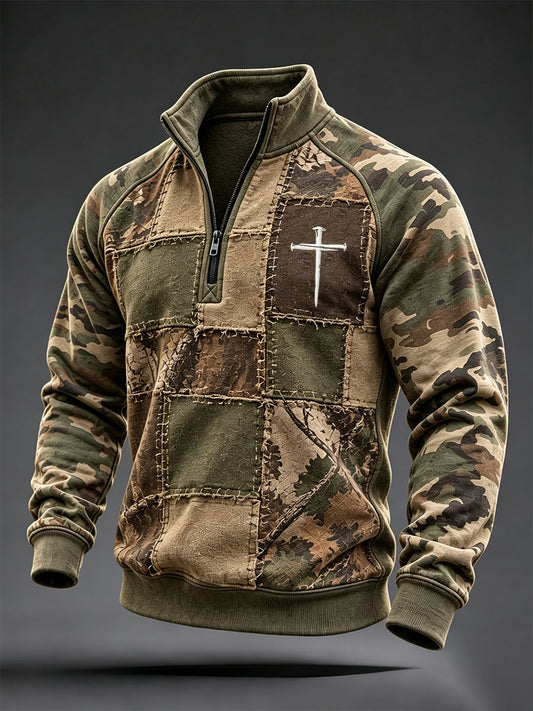 Men's Christian Cross Pattern Patchwork Art Sweatshirt