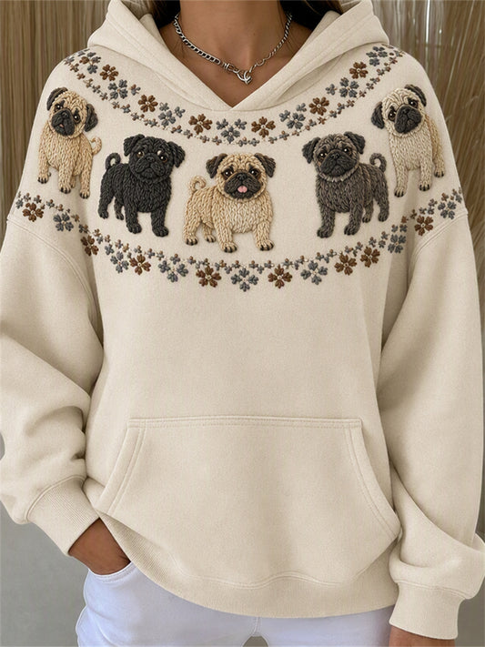 Women's Pug Dogs Yoke Isle Print Cozy Hoodie