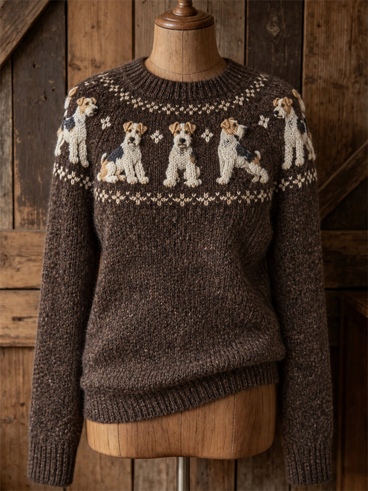 Women's Wire Fox Terrier Dogs Yoke Isle Print crew neck sweater
