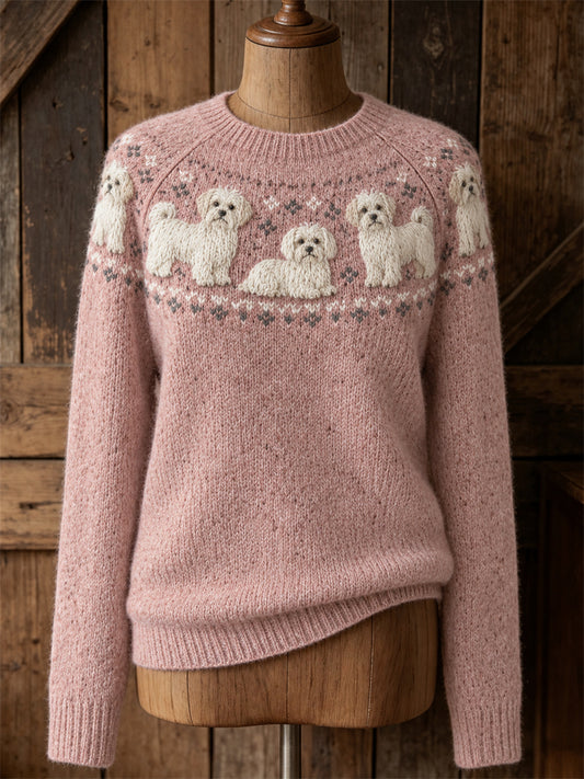 Women's Maltese Dogs Yoke Isle Print crew neck sweater