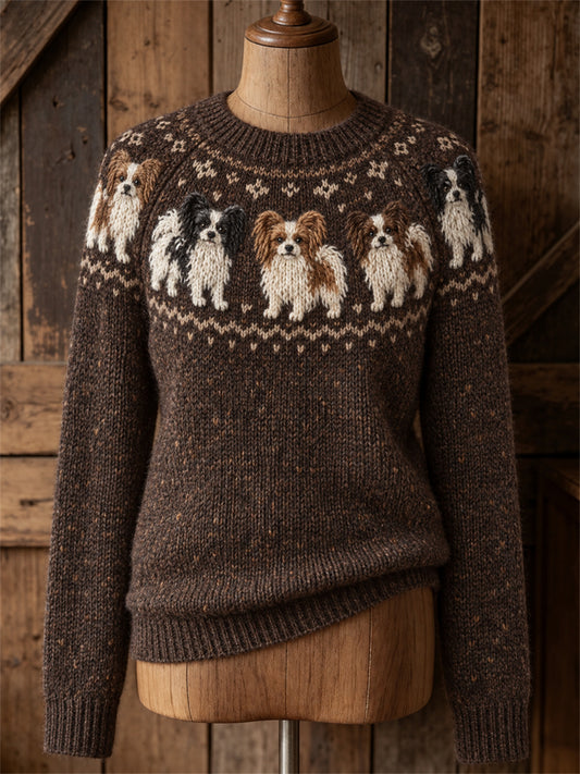 Women's Papillon Dogs Yoke Isle Print crew neck sweater