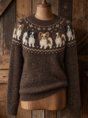 Women's Papillon Dogs Yoke Isle Print crew neck sweater