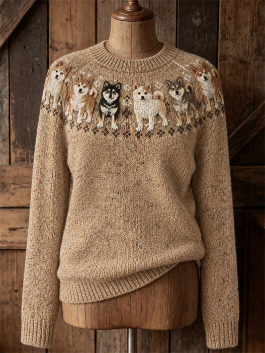 Women's Shiba Inu Dogs Yoke Isle Print crew neck sweater