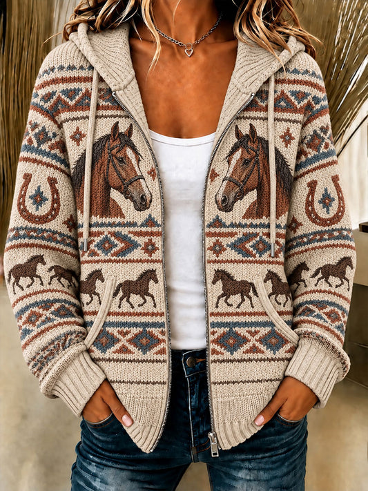 Women's  Western Horse Print Knitted Coat