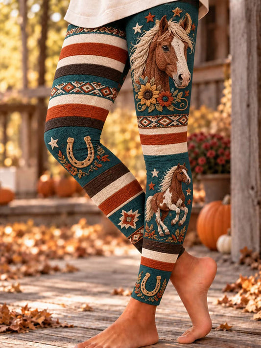 Women's Western Horse Print Velvet Leggings