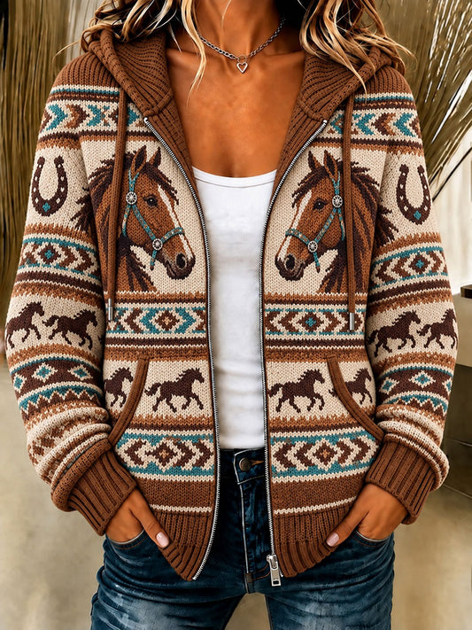 Women's  Western Horse Print Knitted Coat