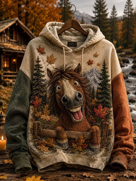 Women's Autumn Horse Print Drawstring Hoodie