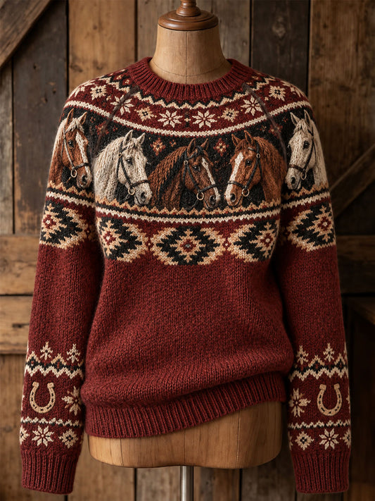 Women's Western Horse Print Crew Neck Sweater