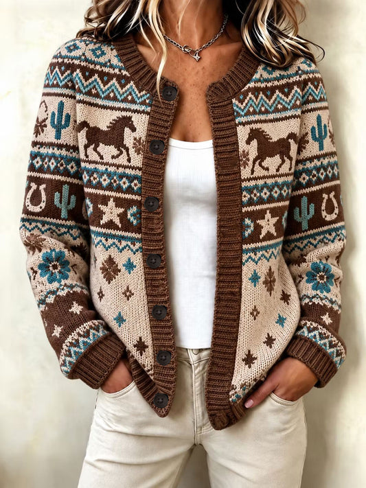 Women's Western Horse Print Cardigan-Style Knit Jacket