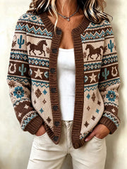 Women's Western Horse Print Cardigan-Style Knit Jacket