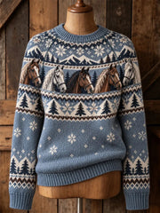 Women's Winter Western Horse Print Crew Neck Sweater