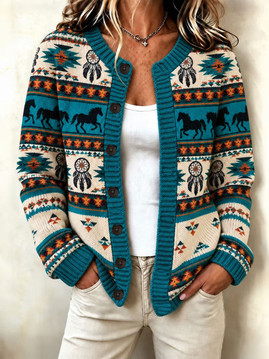 Women's Western Horse Print Cardigan-Style Knit Jacket