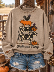 Women's Western Halloween Art Horses Cows Printed Sweatshirt