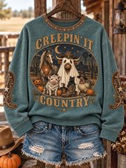Women's Western Halloween Art Horses Cows Printed Sweatshirt