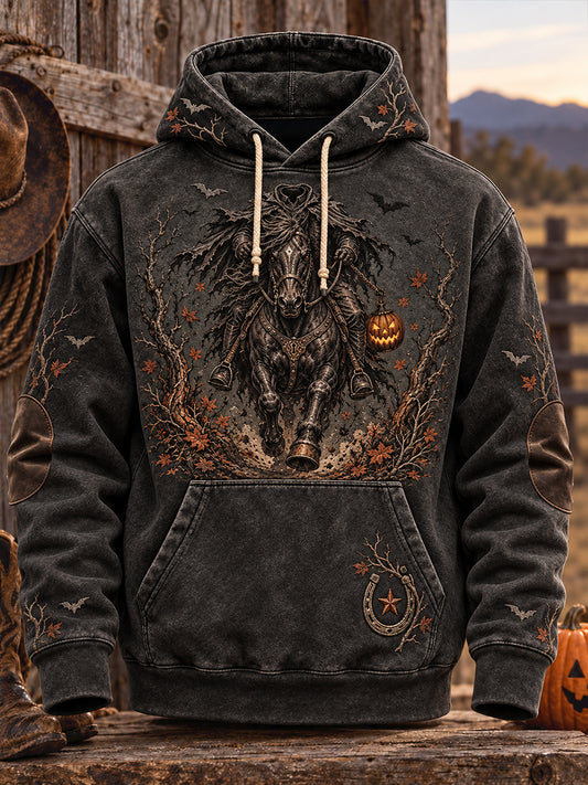 Men's Western Halloween Art Horses Cows Printed Hoodie