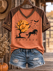 Women's Western Halloween Art Horses Cows Printed T-shirt