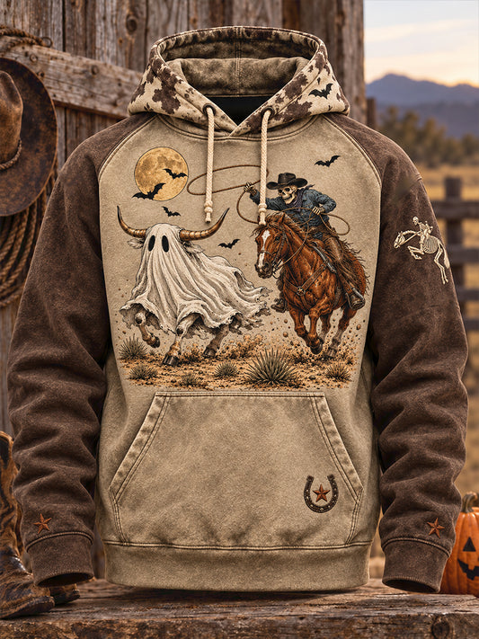 Men's Western Halloween Art Horses Cows Printed Hoodie