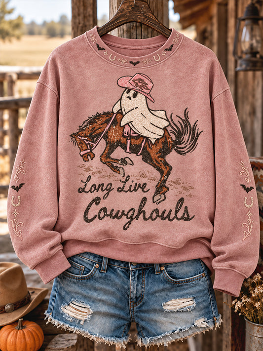 Women's Western Halloween Art Horses Cows Printed Sweatshirt