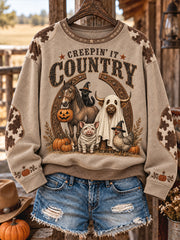 Women's Western Halloween Art Horses Cows Printed Sweatshirt