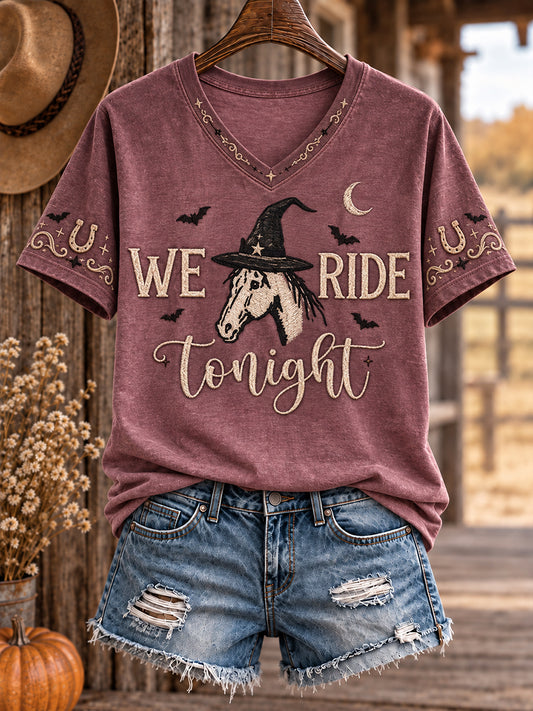 Women's Western Halloween Art Horses Cows Printed T-shirt