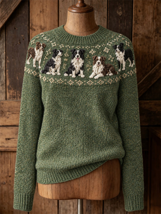 Women's Vintage Farm Border Collie Dogs Yoke Isle Print crew neck sweater