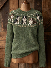 Women's Vintage Farm Border Collie Dogs Yoke Isle Print crew neck sweater
