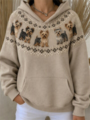 Women's Vintage Yorkie Dogs Yoke Isle Print Cozy Hoodie