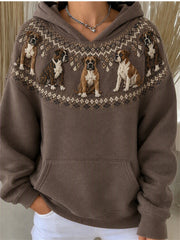 Women's Vintage Boxer Dogs Yoke Isle Print Cozy Hoodie