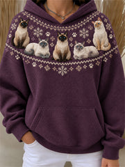 Women's Vintage Siamese Cats Yoke Isle Print Cozy Hoodie