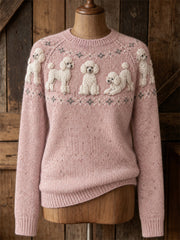 Women's Vintage Classy Poodle Dogs Yoke Isle Print crew neck sweater
