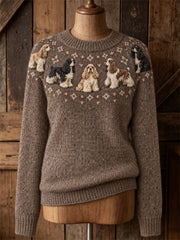 Women's Vintage American Cocker Spaniel Dogs Yoke Isle Print crew neck sweater